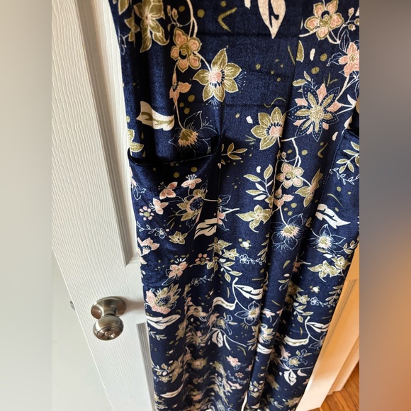 Earthbound Blue Floral Sleeveless Velvet Wide Leg Stretch Jumpsuit Pockets M/L - Picture 5 of 12